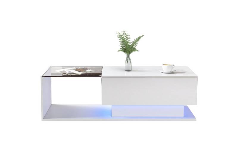 BlingBin Couchtisch Hochglanz-weißer Couchtisch 100x50x32 cm - Wohnzimmertisch (1er Set, 1-St., mit Glasplatte und Schubladen, kratzfest, mit 1 Schublade), mit LED-Beleuchtung, moderner Stil von BlingBin
