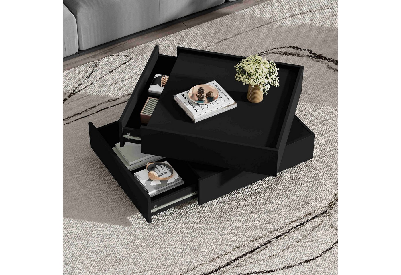 BlingBin Couchtisch Kaffeetisch Beistelltisch Wohnzimmertisch (1-St., drehbare Tischplatte mit 2 Ablagen und Stauraum,2 Schubladen), 360° drehbar,60×60×38 cm,schwarz von BlingBin