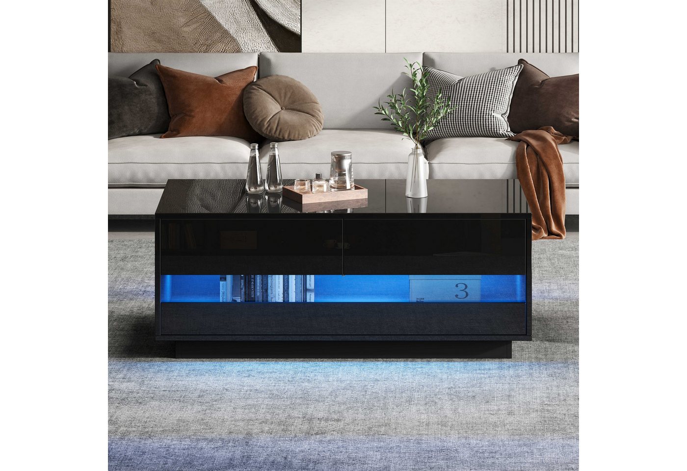BlingBin Couchtisch Kaffeetisch Beistelltisch Wohnzimmertisch (1-St., mit 2 Schubladen, Bluetooth-LED-Lichtleiste, Schwarz), Ablagefläche aus gehärtetem Glas,100×50×40cm von BlingBin