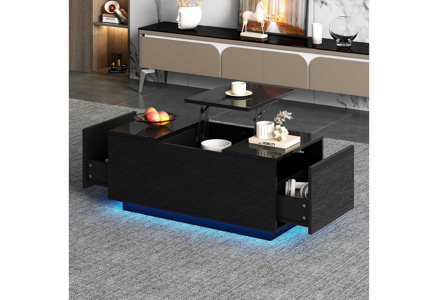 BlingBin Couchtisch Kaffeetisch Beistelltisch Wohnzimmertisch (1-St., mit 2 Schubladen, LED,Hebeplatte), 95×48×40 cm,höhenverstellbar ausziehbar von BlingBin