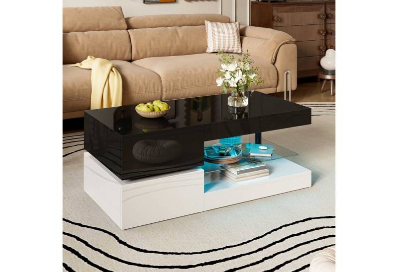 BlingBin Couchtisch Kaffeetisch Beistelltisch Wohnzimmertisch (1-St., mit LED-Ambientebeleuchtung, APP- und Bluetooth-Steuerung, Glasablage), Schwarz-Weiß-Design,Hochglanz-Oberfläche,90x45x35,5 cm von BlingBin