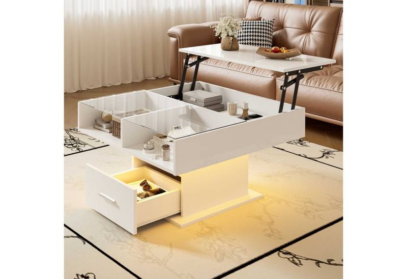 BlingBin Couchtisch Kaffeetisch Beistelltisch Wohnzimmertisch (1-St., mit LED-Beleuchtung, Schublade,verstellbarer Höhe & flexiblem Stauraum), 78×78×45,5cm,modernes Design für Wohnzimmer, Büro & kleine Wohnungen von BlingBin