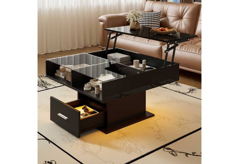 BlingBin Couchtisch Kaffeetisch Beistelltisch Wohnzimmertisch (1-St., mit LED-Beleuchtung, Schublade,verstellbarer Höhe & flexiblem Stauraum), 78×78×45,5cm,modernes Design für Wohnzimmer, Büro & kleine Wohnungen von BlingBin