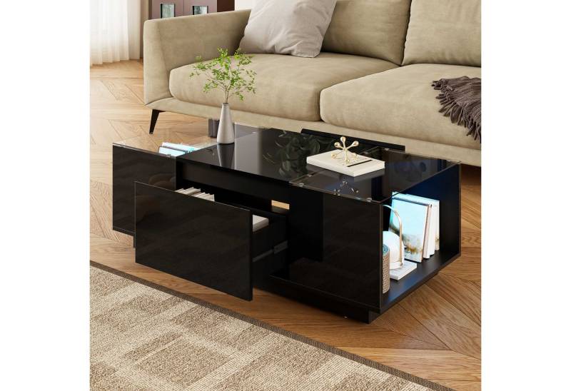 BlingBin Couchtisch Kaffeetisch Beistelltisch Wohnzimmertisch (1-St., mit LED-Stimmungsbeleuchtung, Glasplatte und 2 Schubladen), moderner, minimalistischer,105x50x35 cm von BlingBin