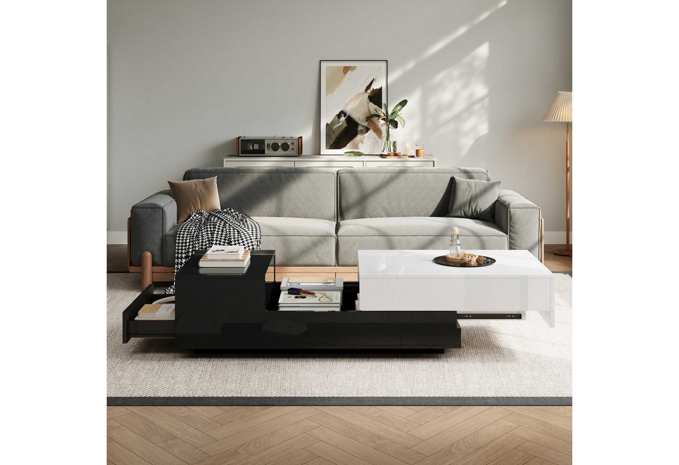 BlingBin Couchtisch Kaffeetisch Beistelltisch Wohnzimmertisch (1-St., mit Schiebeplatte,Schublade,Geometrischer Tisch,Großer Stauraum), 100×50×38cm,Hochglanz-schwarz-weißem Nähdesign von BlingBin