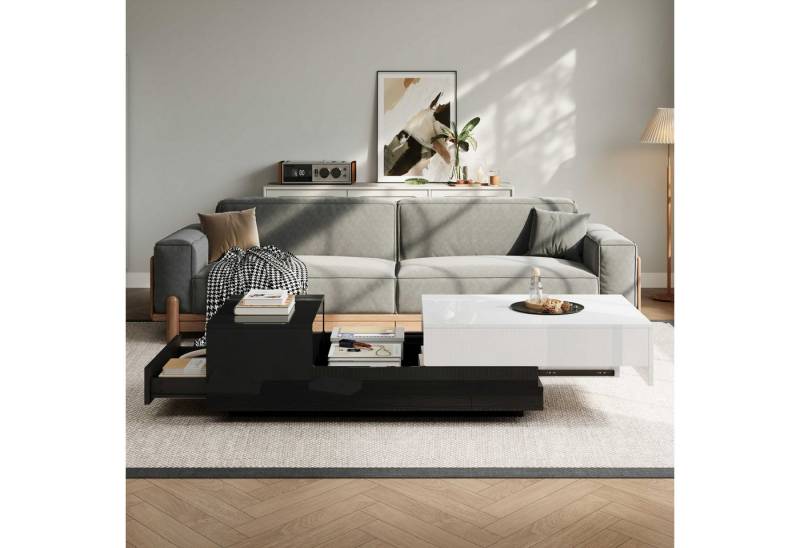 BlingBin Couchtisch Kaffeetisch Beistelltisch Wohnzimmertisch (1-St., mit Schiebeplatte,Schublade,Geometrischer Tisch,Großer Stauraum), 100×50×38cm,Hochglanz-schwarz-weißem Nähdesign von BlingBin