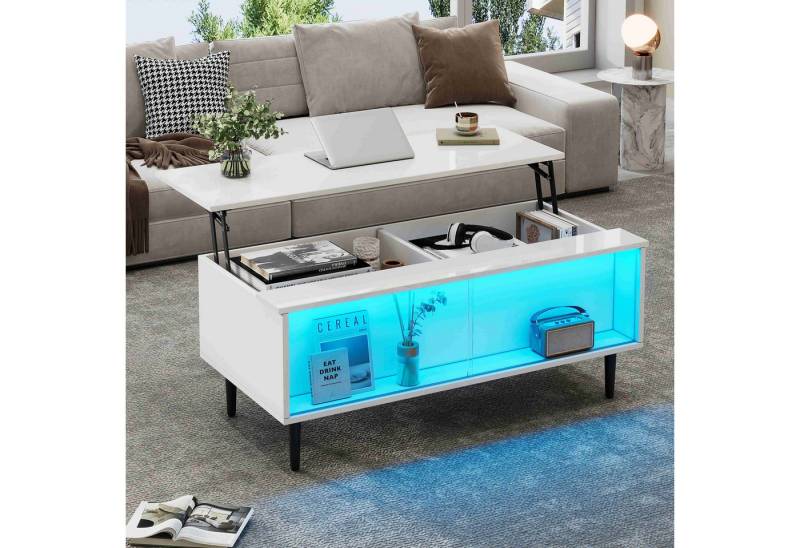 BlingBin Couchtisch Kaffeetisch Beistelltisch Wohnzimmertisch (1-St., mit Verstecktem Stauraum, LED-Licht, 4 Beinen,Weiß), 105x50x43 cm,Höhenverstellbarer,Ausstellungsfläche aus gehärtetem Glas von BlingBin