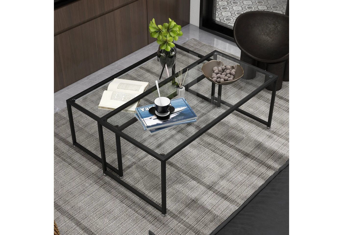 BlingBin Couchtisch Kaffeetisch Beistelltisch Wohnzimmertisch (2-St., mit pulverbeschichtetem Stahl), 2er-Set Couchtische,Glastische,Schwarz+Transparent von BlingBin