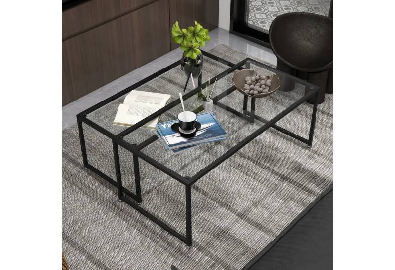 BlingBin Couchtisch Kaffeetisch Beistelltisch Wohnzimmertisch (2-St., mit pulverbeschichtetem Stahl), 2er-Set Couchtische,Glastische,Schwarz+Transparent von BlingBin