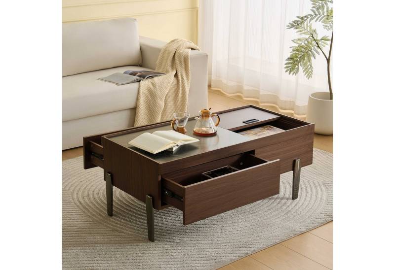 BlingBin Couchtisch Kaffeetisch Beistelltisch Wohnzimmertisch (Holzmaserung in Marmoptik,viel Stauraum für Wohnzimmer, 1-St., mit Schubladen,Glasplatte,Metallbeine), Dunkelbraunes Holzdesign,105x50x41,5cm von BlingBin