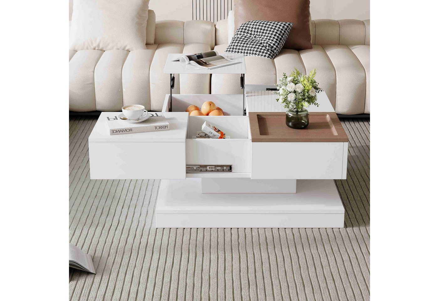 BlingBin Couchtisch Kaffeetisch Beistelltisch Wohnzimmertisch (mit 4 Fächern, Tablett, Geometrischer Tisch), 75.5×75.5×38cm,Anhebbarer, weiß + Holzfarbe von BlingBin
