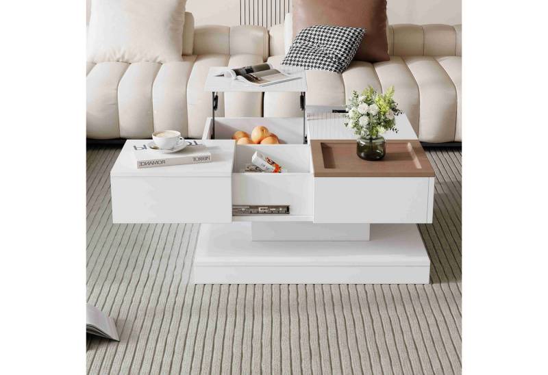 BlingBin Couchtisch Kaffeetisch Beistelltisch Wohnzimmertisch (mit 4 Fächern, Tablett, Geometrischer Tisch), 75.5×75.5×38cm,Anhebbarer, weiß + Holzfarbe von BlingBin