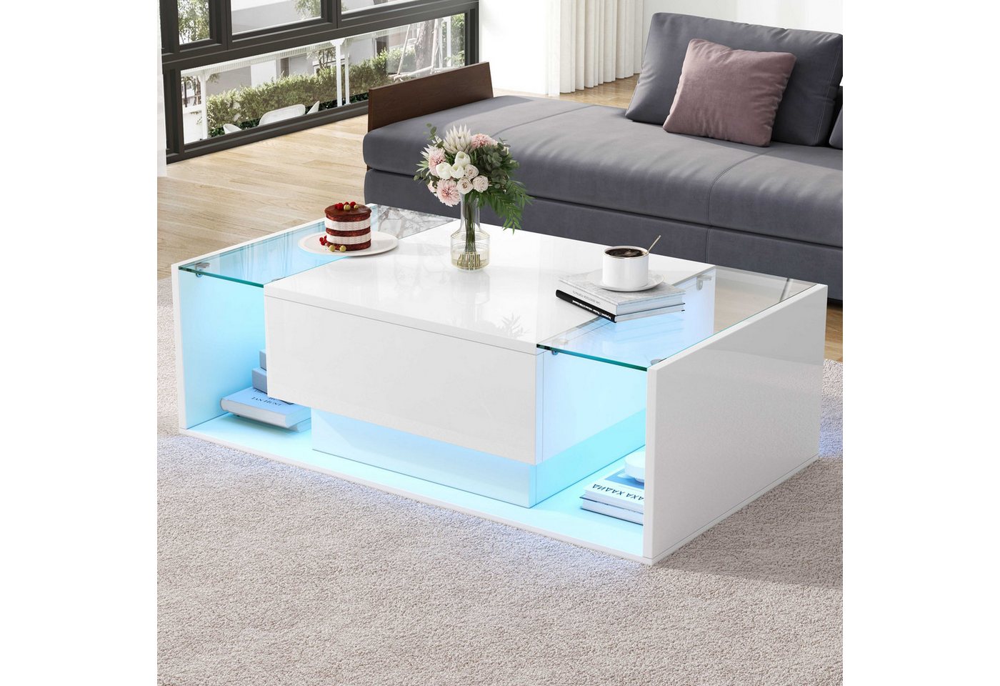 BlingBin Couchtisch Kaffeetisch Beistelltisch Wohnzimmertisch Teetisch (1-St., mit 1 Schublade,LED-Lichtleiste, gehärtetem Glas), 100×50×31cm,Hochglanz,minimalistischen Design von BlingBin