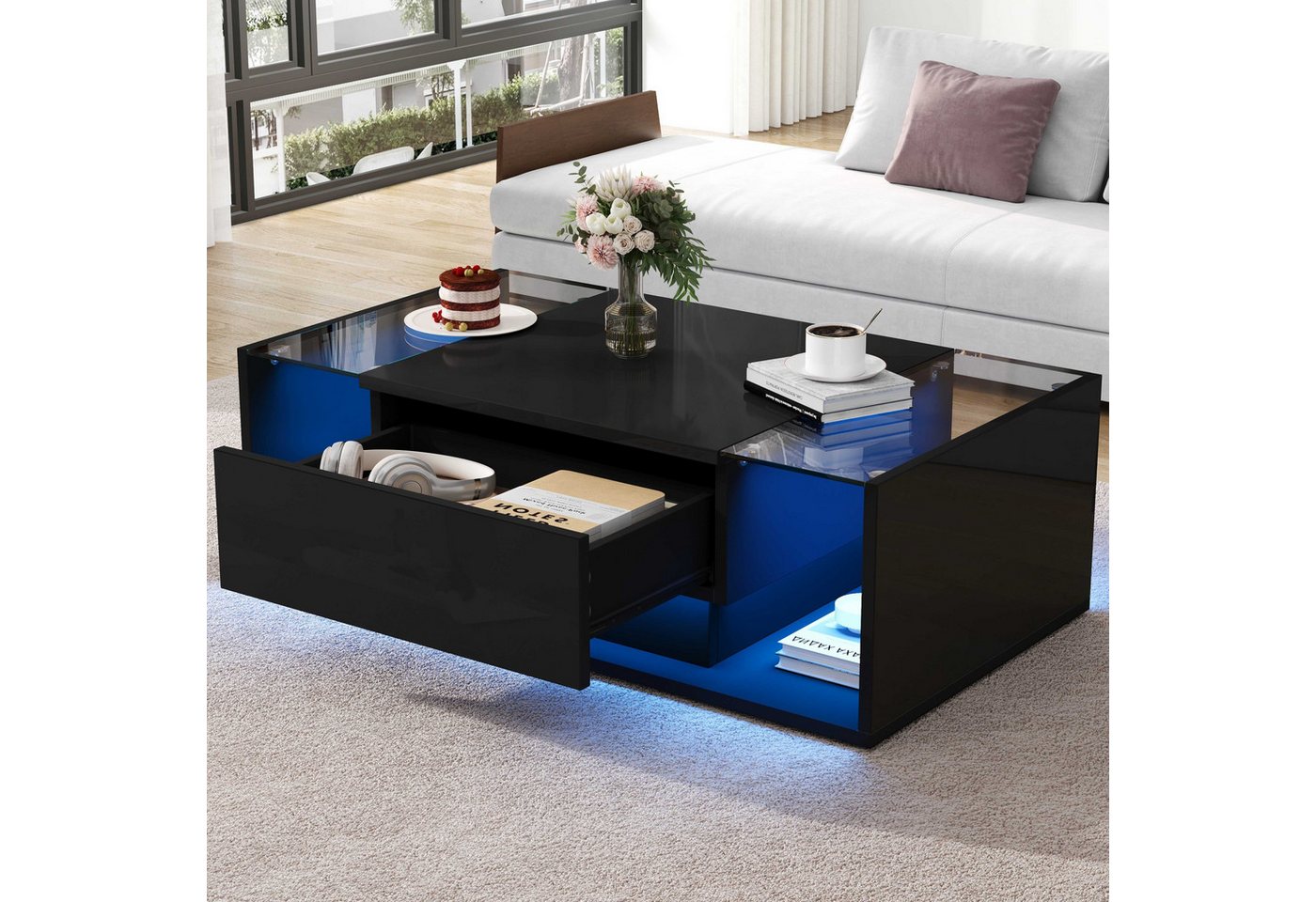 BlingBin Couchtisch Kaffeetisch Beistelltisch Wohnzimmertisch Teetisch (1-St., mit 1 Schublade,LED-Lichtleiste, gehärtetem Glas), 100×50×31cm,Hochglanz,minimalistischen Design von BlingBin