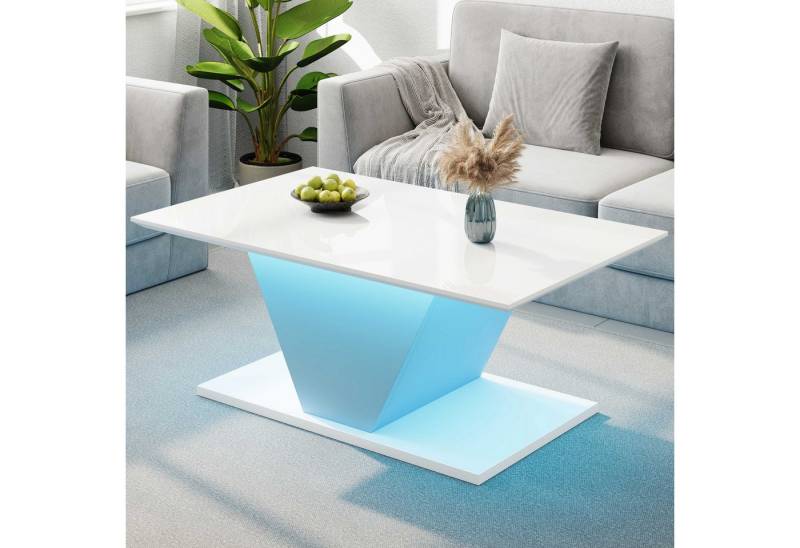 BlingBin Couchtisch Kaffeetisch Beistelltisch Wohnzimmertisch Teetisch (1-St., mit LED-Leuchten, Hochglanzoberfläche,V-Form), Weiß,100×50×46cm,geeignet für kleine Räum von BlingBin