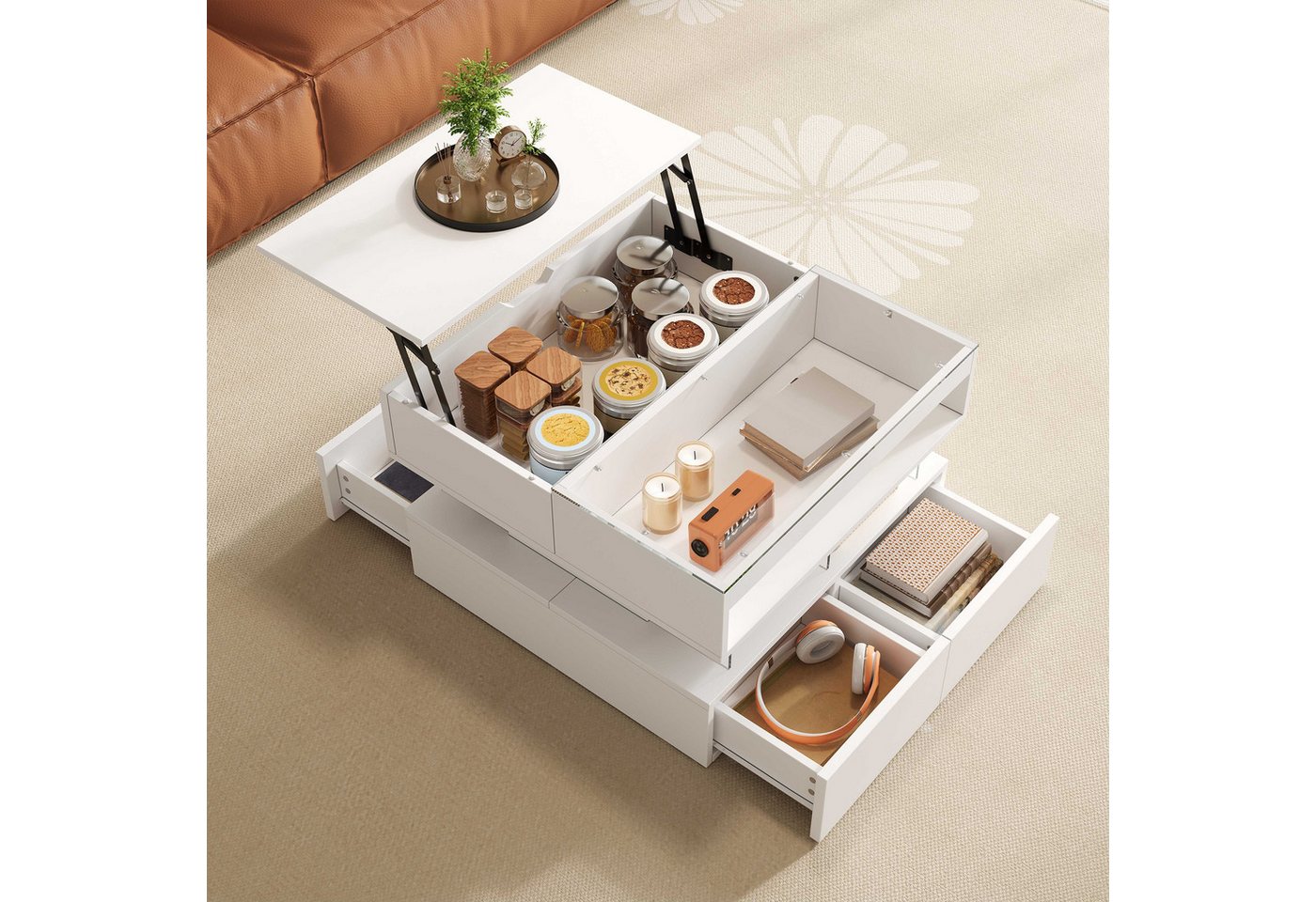 BlingBin Couchtisch Kaffeetisch Beistelltisch Wohnzimmertisch Teetisch (für das Wohnzimmer, 1-St., Höhenverstellbarer,mit 16-farbige LED-Beleuchtung,4 Schubladen), Weiß,70x67x57cm,Glasplatte und Acryl-Trägern von BlingBin