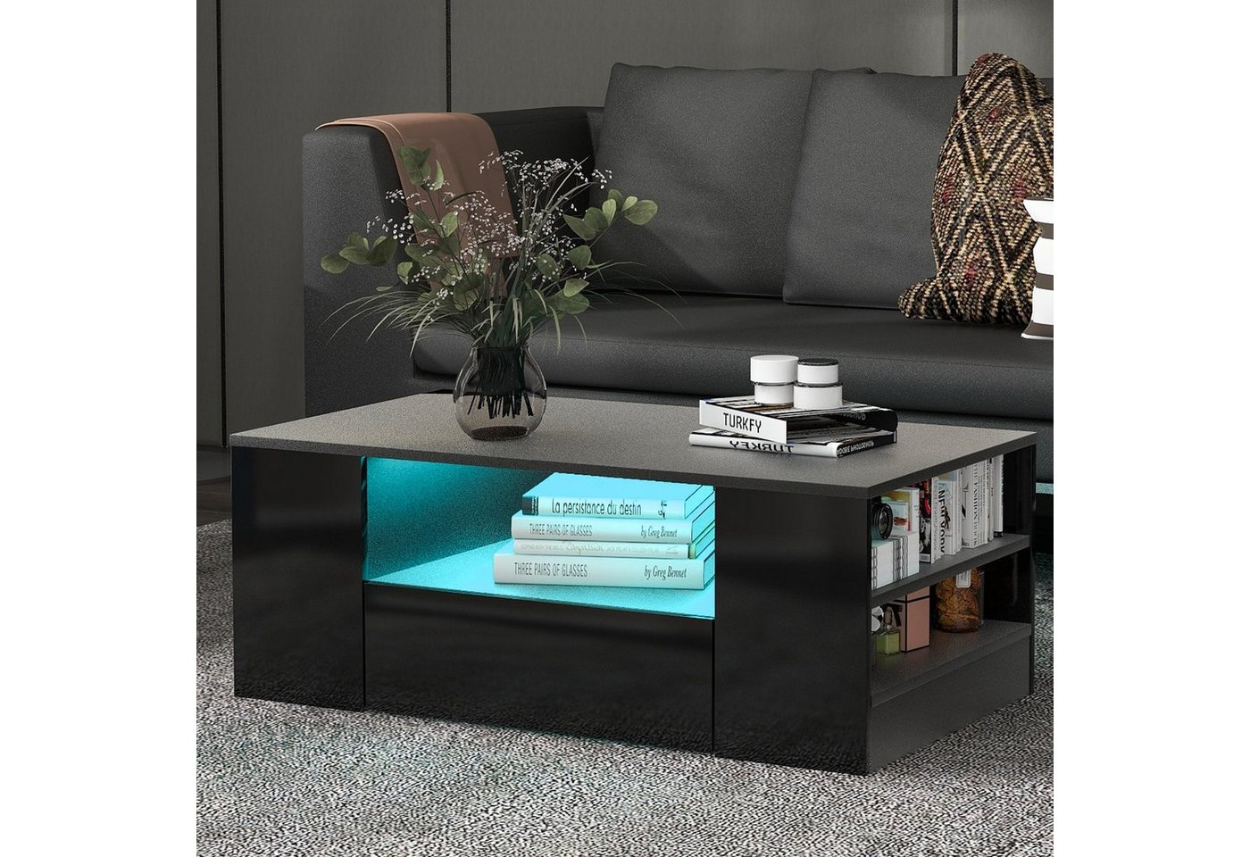 BlingBin Couchtisch Kaffeetisch mit 2 Schubladen inkl.16 Farben LED-Beleuchtung (mit 4 Ablage und 2 Schubladen inkl. Fernbedienung), 95 x 53 x 37cm von BlingBin