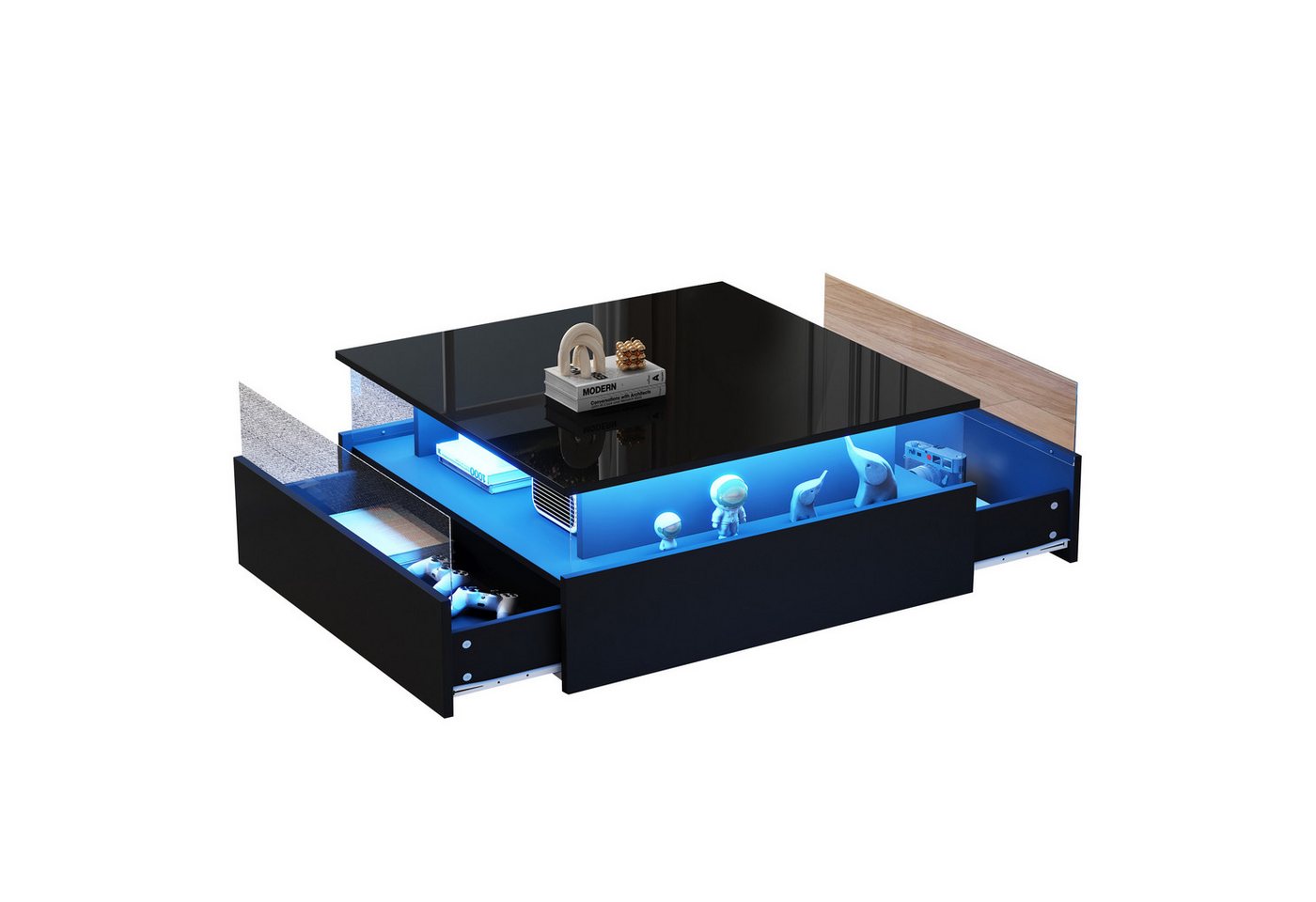 BlingBin Couchtisch Kaffeetisch mit LED-Beleuchtung 70*70*41cm (1er Set, 1-St., mit 2 Schubladen und transparentem Präsentationsbereich), Belastbar bis 30 kg, ideal für stilvolle Wohnzimmer von BlingBin