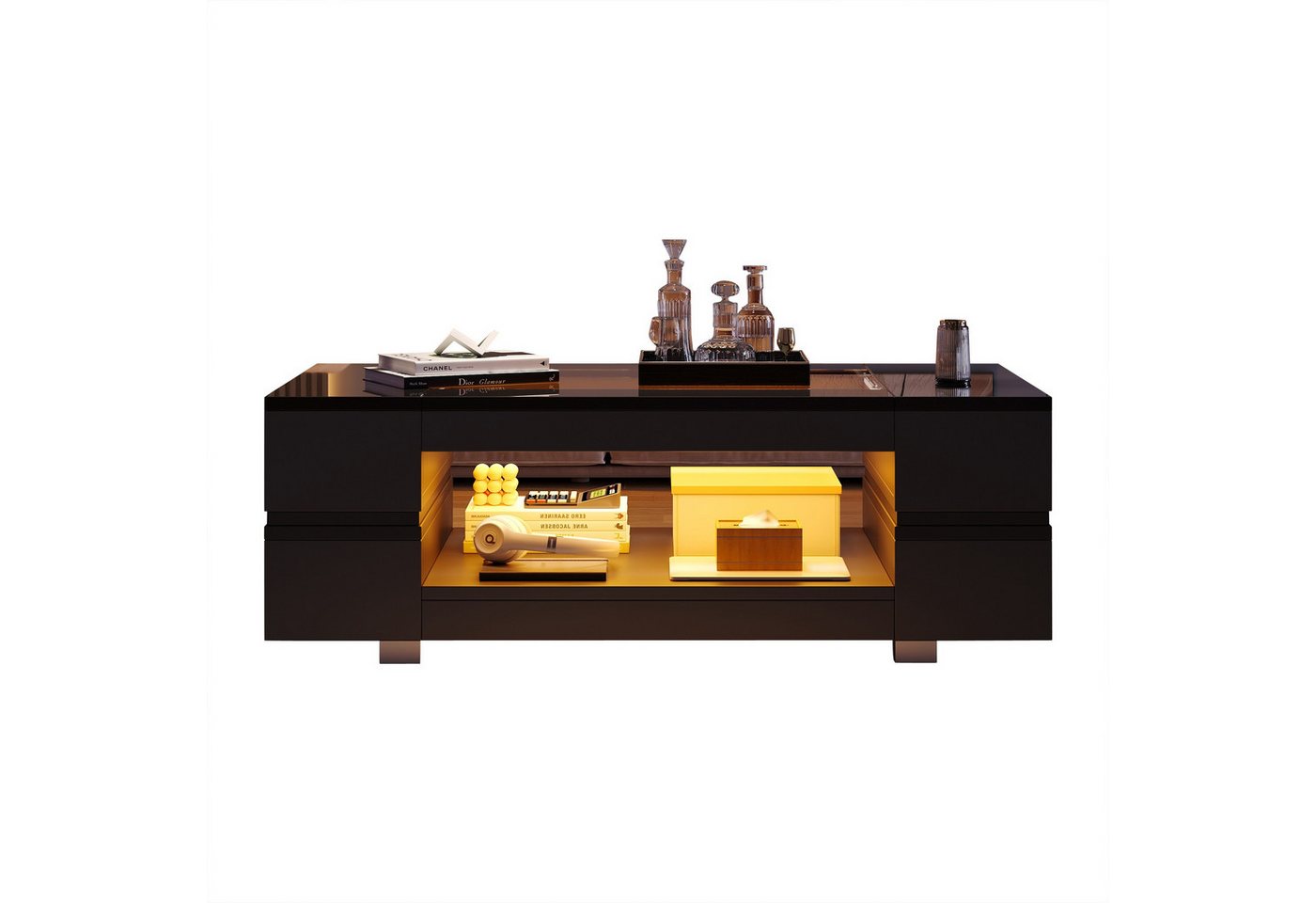 BlingBin Couchtisch LED Couchtisch Hochglanz Schwarz mit Glasplatte, 100x50x35cm (1er Set, 1-St., Wohnzimmertisch mit 16-Farben Beleuchtung, Musiksteuerung, Timer), Doppelschichtiger Hochglanz-Hohldesigntisch, geeignet für Partys Büros von BlingBin