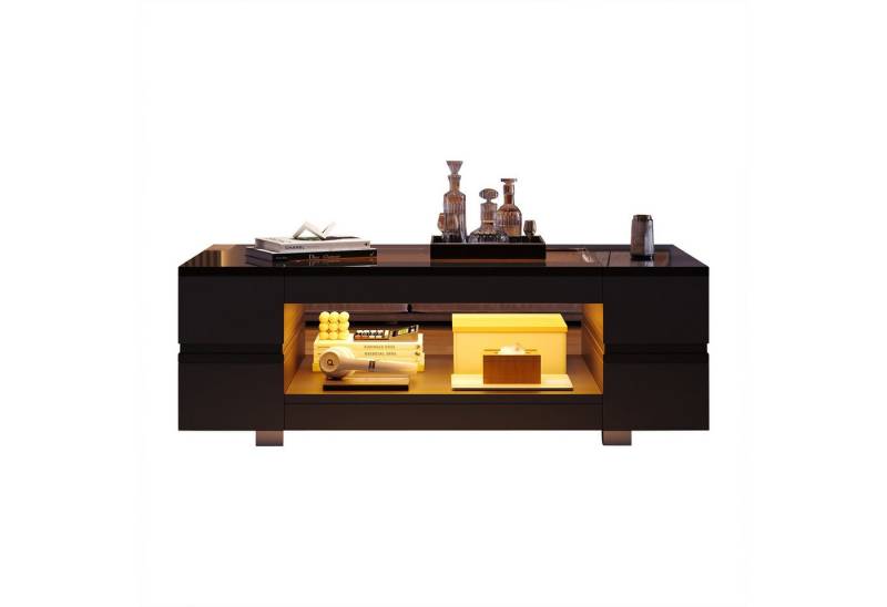 BlingBin Couchtisch LED Couchtisch Hochglanz Schwarz mit Glasplatte, 100x50x35cm (1er Set, 1-St., Wohnzimmertisch mit 16-Farben Beleuchtung, Musiksteuerung, Timer), Doppelschichtiger Hochglanz-Hohldesigntisch, geeignet für Partys Büros von BlingBin