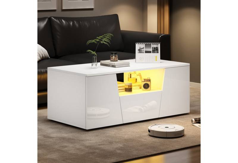 BlingBin Couchtisch Moderne Hochglanz-Wohnzimmertisch Kaffeetisch Beistelltisch (Aufbewahrungstisch mit 3 Türen, 1 Offenes Fach und 1 Schublade, Unregelmäßiges Design, 1-St., Gesamtmaße: 100 x 50 x 40 cm, Belastbarkeit: 50kg), Sofatisch mit LED Licht für Wohnzimmer Büros, Spanplatte, Weiß von BlingBin