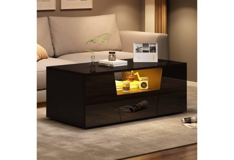 BlingBin Couchtisch Moderne Hochglanz-Wohnzimmertisch Kaffeetisch Beistelltisch (Aufbewahrungstisch mit 3 Türen, 1 Offenes Fach und 1 Schublade, Unregelmäßiges Design, 1-St., Gesamtmaße: 100 x 50 x 40 cm, Belastbarkeit: 50kg), Sofatisch mit LED Licht für Wohnzimmer Büros, Spanplatte, Schwarz von BlingBin