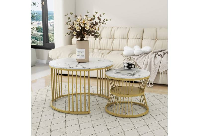 BlingBin Couchtisch Moderne Nesting Couchtisch, Kaffeetisch Sofatisch Teetisch Satztisch (Wohnzimmertisch mit Marmor Furnier, Tischen Runde Endtische, 2-St., Größe: 70*70*47cm & 45*45*40cm, Gewichtskapazität: 30KG), Satz von 2, Beistelltisch für Wohnzimmer, MDF, Weiß & Gold von BlingBin