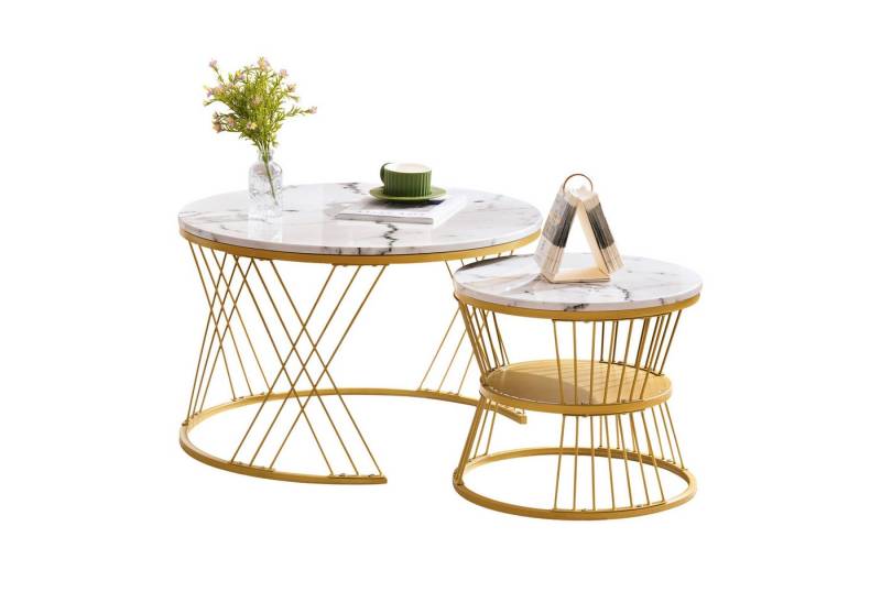 BlingBin Couchtisch Moderne Nesting Couchtisch, Satz von 2, Goldene Farbe Frame (1er Set, 2-St., Hochglanz Couchtisch Satz), Marmor Furnier Sofa Seite Nest von Tischen Runde Endtische von BlingBin