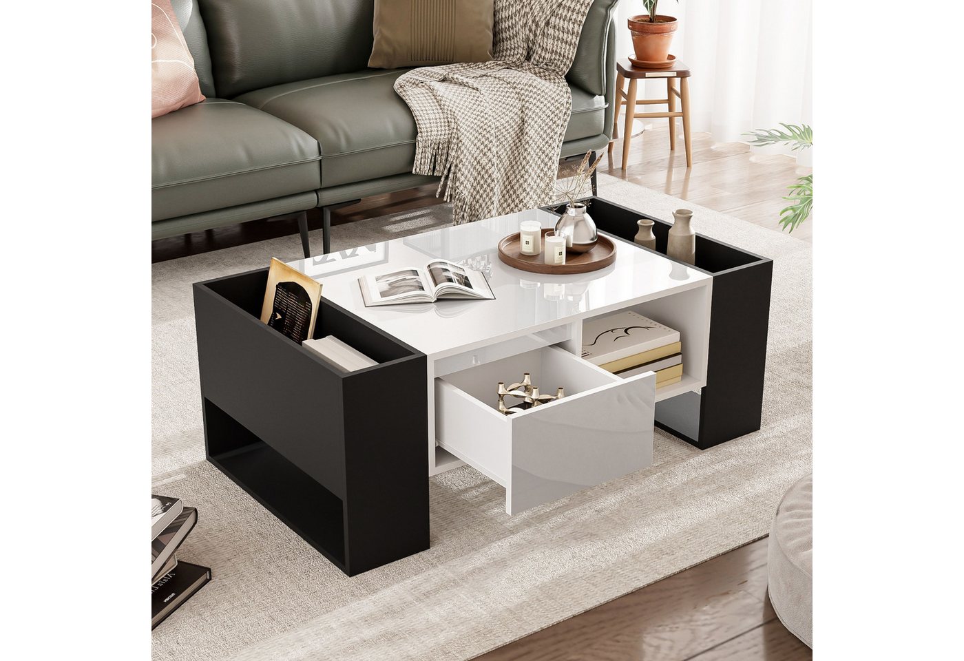 BlingBin Couchtisch Moderner Couchtisch mit Hochglänzender Oberfläche (1er Set, 1-St., 105 x 60 x 40,5 cm, Produktladung: 50KG), Schwarz-Weiß-Design mit 1 Schublade und 4 offenen Fächern von BlingBin