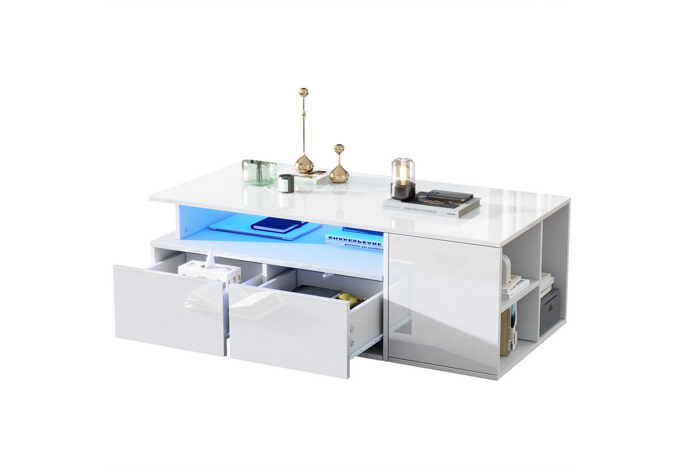 BlingBin Couchtisch Moderner Hochglanz-Teetisch Couchtisch Sofatisch Kaffeetisch mit LED (Aufbewahrungstisch mit 2 Schubladen und 4 Offene Fächer, 1-St., Größe: 100*50*35cm, Gesamttragfähigkeit: 60KG), Beistelltisch für Wohnzimmer, Arbeitszimmer, Spanplatte, Weiß BlingBin Couchtisch Moderner Hochglanz-Teetisch Couchtisch Sofatisch Kaffeetisch mit LED (Aufbewahrungstisch mit 2 Schubladen und 4 Offene Fächer, 1-St., Größe: 100*50*35cm, Gesamttragfähigkeit: 60KG), Beistelltisch für Wohnzimmer, Arbeitszimmer, Spanplatte, Weiß von BlingBin