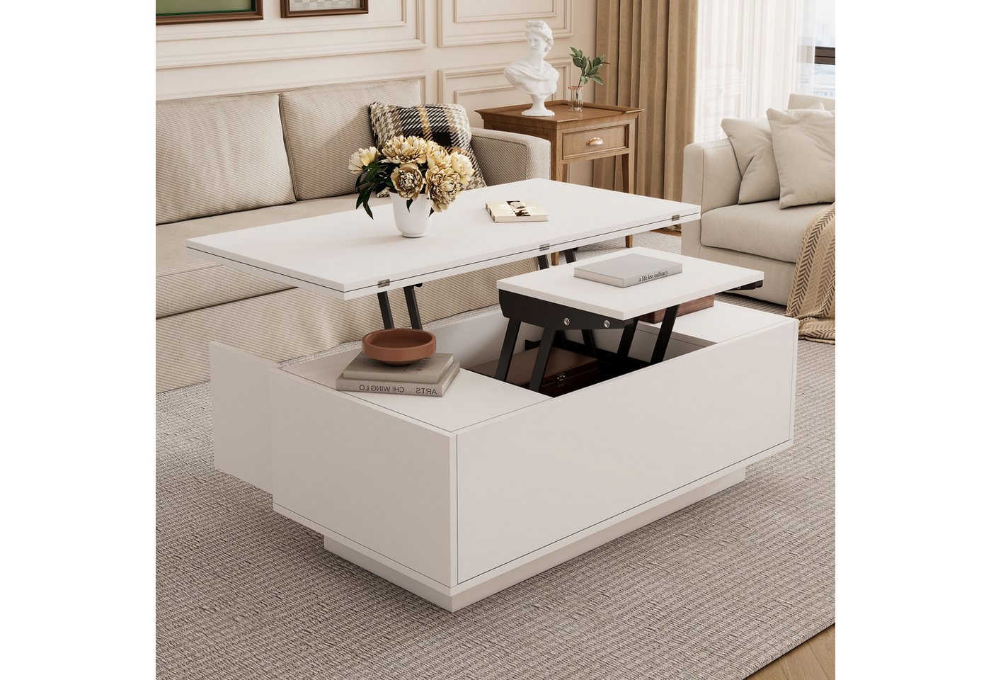 BlingBin Couchtisch Moderner Wohnzimmertisch Beistelltisch, Höhenverstellbarer Kaffeetisch (Sofatisch mit Doppel-Hebemechanismus, verstecktem Stauraum, 1-St., 100 x 50 x 43 cm, Gewichtskapazität: Belastbar bis 50 kg), Couchtisch für Wohnzimmer, Esszimmer, Spanplatte, Weiß von BlingBin