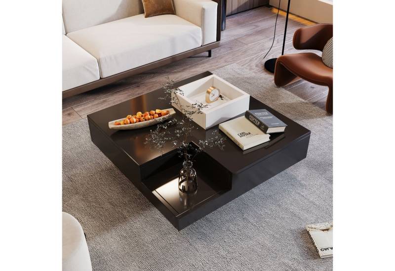BlingBin Couchtisch Moderner Wohnzimmertisch Beistelltisch Kaffeetisch Sofatisch (Aufbewahrungstisch mit Herausnehmbarer Aufbewahrungsbox und LED-Lichteffekt, 1-St., Gesamtabmessungen: 72*72*30 cm, Produktladung: 30kg), Hochglanz Teetisch für Wohnzimmer, Spanplatte, Weiß und Schwarz von BlingBin