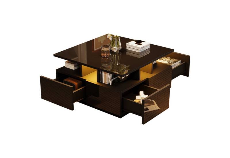 BlingBin Couchtisch Modernes Hochglanz Kaffeetisch mit LED licht, Teetisch Sofatisch (Aufbewahrungstisch mit 4 Schubladen und Offene Fächer, Spanplatte, 1-St., Größe: 70*70*40cm, Gesamttragkraft: 30KG), Beistelltisch mit Geometrische Design für Wohnzimmer, Schwarz von BlingBin