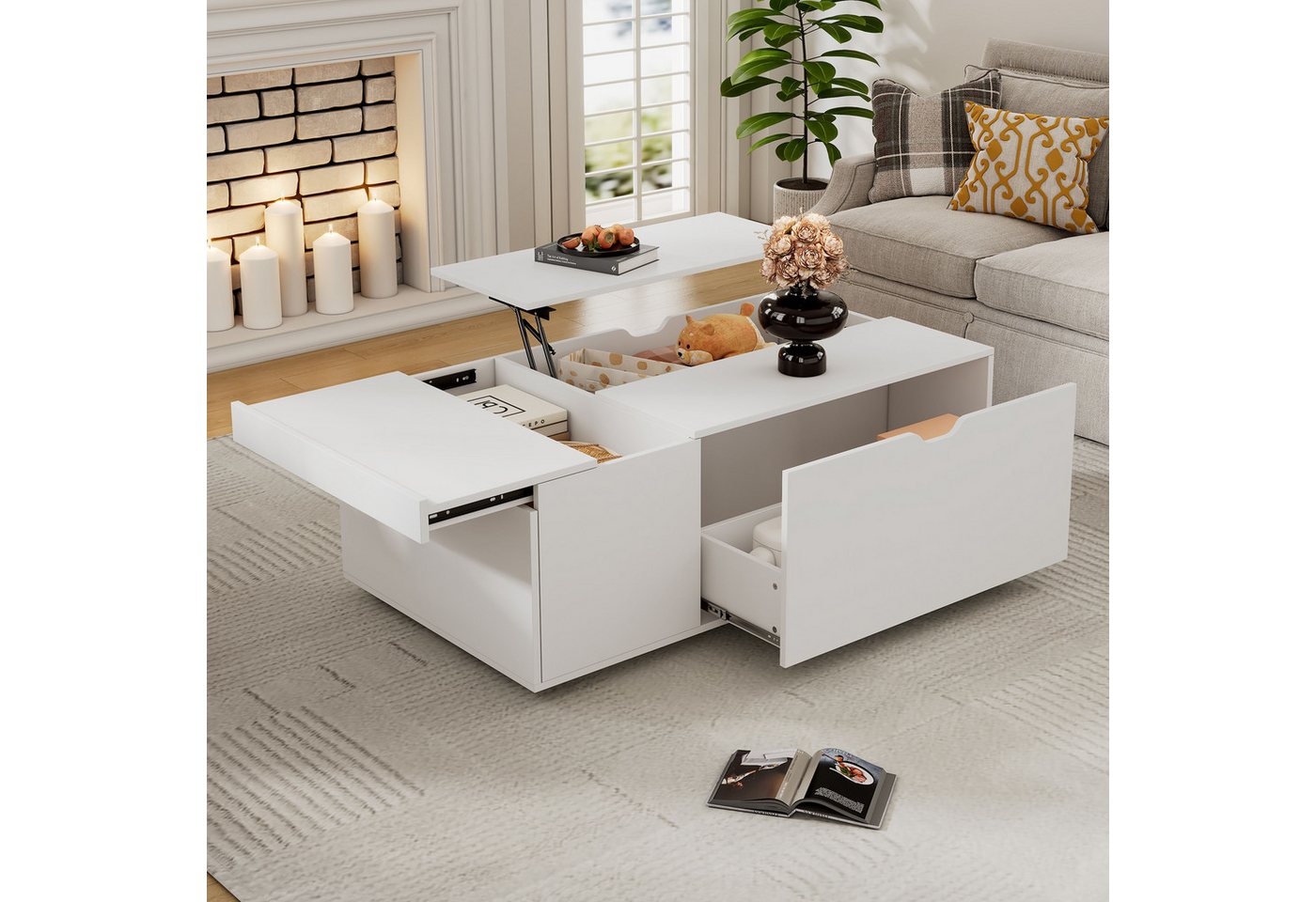 BlingBin Couchtisch Multifunktionaler Lift-up-Kaffeetisch, Beistelltisch Sofatisch (120*65 *45,5 cm, Produkttragfähigkeit: Schiebetür 8 kg, Hubtisch 10 kg, Gesamttragfähigkeit 50 kg, 1-St., Moderner Satztisch mit Schubladen und Schiebetüren, Flexibler Raum), Höhenverstellbarer Wohnzimmertisch für Vielzahl von Wohnstilen, Weiß BlingBin Couchtisch Multifunktionaler Lift-up-Kaffeetisch, Beistelltisch Sofatisch (120*65 *45,5 cm, Produkttragfähigkeit: Schiebetür 8 kg, Hubtisch 10 kg, Gesamttragfähigkeit 50 kg, 1-St., Moderner Satztisch mit Schubladen und Schiebetüren, Flexibler Raum), Höhenverstellbarer Wohnzimmertisch für Vielzahl von Wohnstilen, Weiß von BlingBin