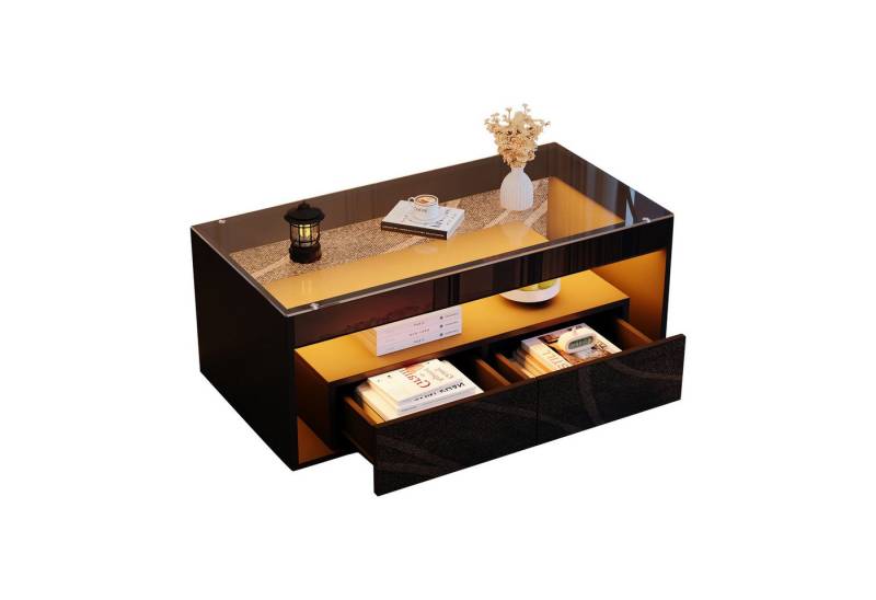 BlingBin Couchtisch Rechteckiger Sofatisch, mit 16-farbigem LED-Licht (1er Set, 1-St., mit 2 großen Schubladen), Geräumiger Wohnzimmertisch aus Glas, doppelschichtiges Design, schwarz von BlingBin