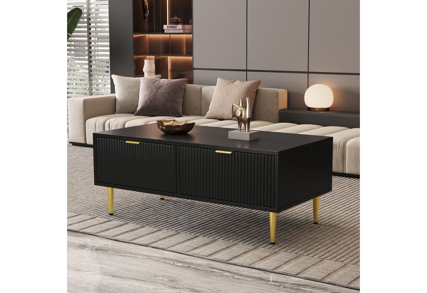 BlingBin Couchtisch Sofa niedriger Tisch (100*50*40cm), mit Golddekoration, 2 Schubladen, vertikales Streifendesign von BlingBin