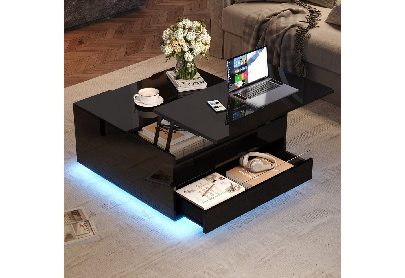 BlingBin Couchtisch Sofatisch, Anhebbarer kaffeetisch mit LED-Lichtleiste (Satztisch, 1-St., 70 x 70 x 38 cm Sofatisch mit 1 Schublade), Hochglanz-Beistelltisch mit verstecktem Stauraum und Falttüren von BlingBin