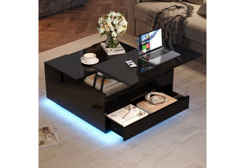 BlingBin Couchtisch Sofatisch, Anhebbarer kaffeetisch mit LED-Lichtleiste (Satztisch, 1-St., 70 x 70 x 38 cm Sofatisch mit 1 Schublade), Hochglanz-Beistelltisch mit verstecktem Stauraum und Falttüren von BlingBin