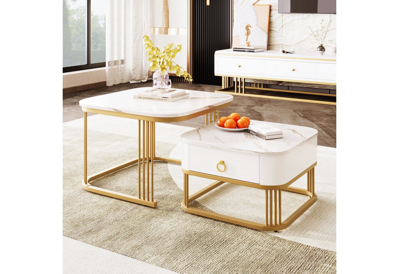 BlingBin Couchtisch Stapelbarer Kaffeetisch, Hochglänzende Beistelltisch Wohnzimmertisch (Zweiteiliges Set, 2-St., 60*60*45cm & 50*50*34 cm, Produktladung: 20kg), Teetisch mit 1 Schubladen, Marmoroptik, Goldene Akzente, Weiß und Gold von BlingBin