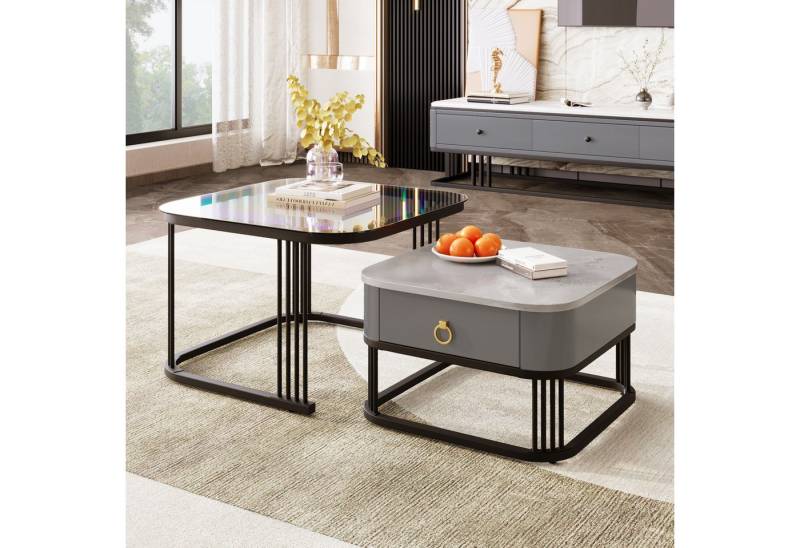 BlingBin Couchtisch Stapelbarer Kaffeetisch, Hochglänzende Beistelltisch Wohnzimmertisch (Zweiteiliges Set, Hochglänzende Marmoroptik und Glasplatte, 2-St., 60*60*42cm & 50*50*34 cm, Produktladung: 20kg), Teetisch mit 1 Schubladen, Schwarze Beine, Schwarz und Grau BlingBin Couchtisch Stapelbarer Kaffeetisch, Hochglänzende Beistelltisch Wohnzimmertisch (Zweiteiliges Set, Hochglänzende Marmoroptik und Glasplatte, 2-St., 60*60*42cm & 50*50*34 cm, Produktladung: 20kg), Teetisch mit 1 Schubladen, Schwarze Beine, Schwarz und Grau von BlingBin