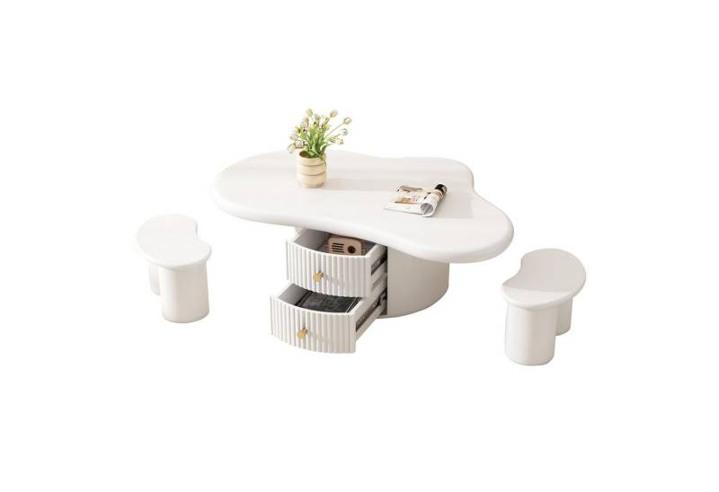 BlingBin Couchtisch Unregelmäßiger Couchtisch in Wolkenform mit 2 Hockern, Weiß (Wohnzimmertisch, 3-St., 97cm Länge, 67cm Breite, 32cm Höhe, MDF-Tischplatte), Kaffetisch mit 2 Schubladen und Filzunterlagen für Wohnzimmer von BlingBin