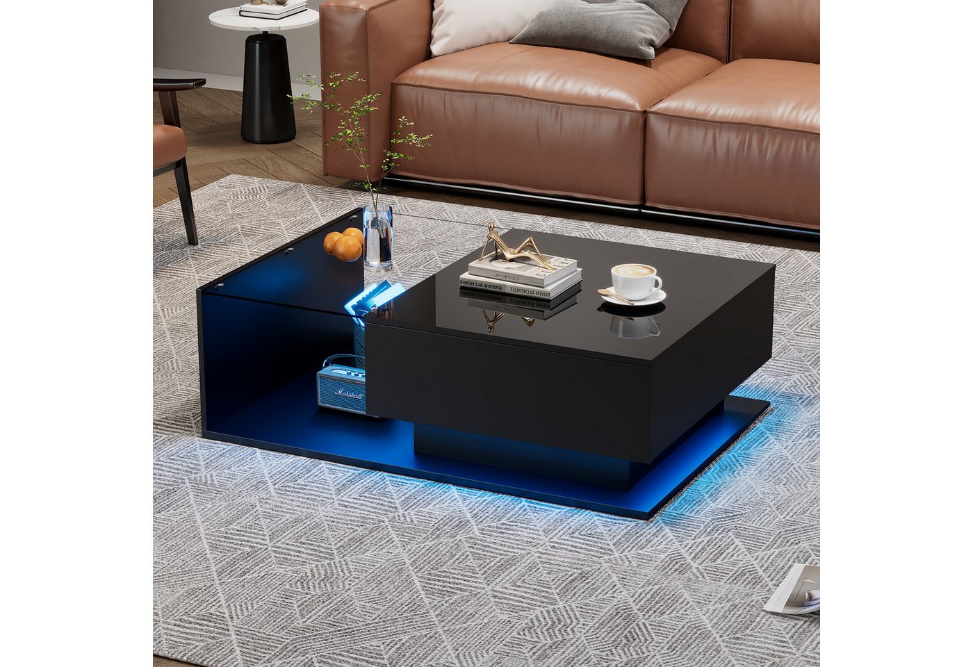 BlingBin Couchtisch Wohnzimmertisch Hochglanz Couchtisch (1er Set, 1-St., mit Glasplatte und Schubladen, kratzfest, mit 1 Schublade), 100x50x32 cm, mit LED-Beleuchtung, moderner Stil von BlingBin