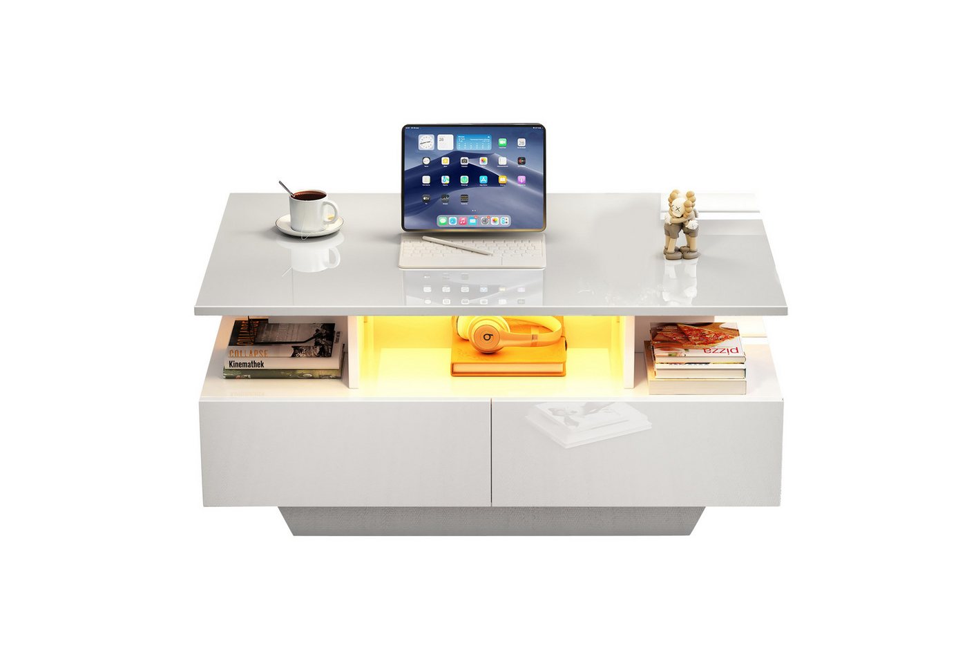 BlingBin Couchtisch Wohnzimmertisch Modernes Hochglanz-Couchtisch (1er Set, 1-St., mit LED-Beleuchtung und 2 Schubladen), Stilvoller 90x55x41 cm Beistelltisch mit Stauraum, Belastbar bis 30 kg von BlingBin