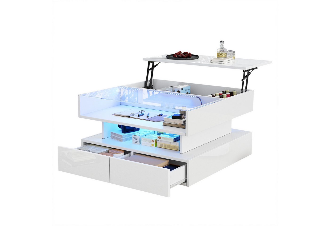 BlingBin Couchtisch Wohnzimmertisch aus Hochglanz, Sofatisch mit LED-Beleuchtung (Beistelltisch, Sofatisch, 1-St., 80 x 80 x 45 cm Kaffeetisch mit Verstecktem Stauraum und 2 Schubladen), Sofatisch mit LED-Leuchten,Hochglanz-Wohnzimmer-Beistelltisch von BlingBin