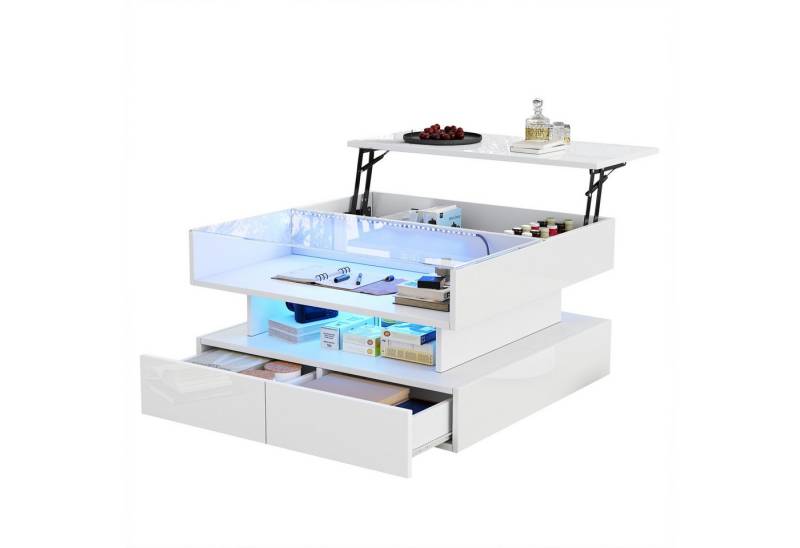 BlingBin Couchtisch Wohnzimmertisch aus Hochglanz, Sofatisch mit LED-Beleuchtung (Beistelltisch, Sofatisch, 1-St., 80 x 80 x 45 cm Kaffeetisch mit Verstecktem Stauraum und 2 Schubladen), Sofatisch mit LED-Leuchten,Hochglanz-Wohnzimmer-Beistelltisch von BlingBin