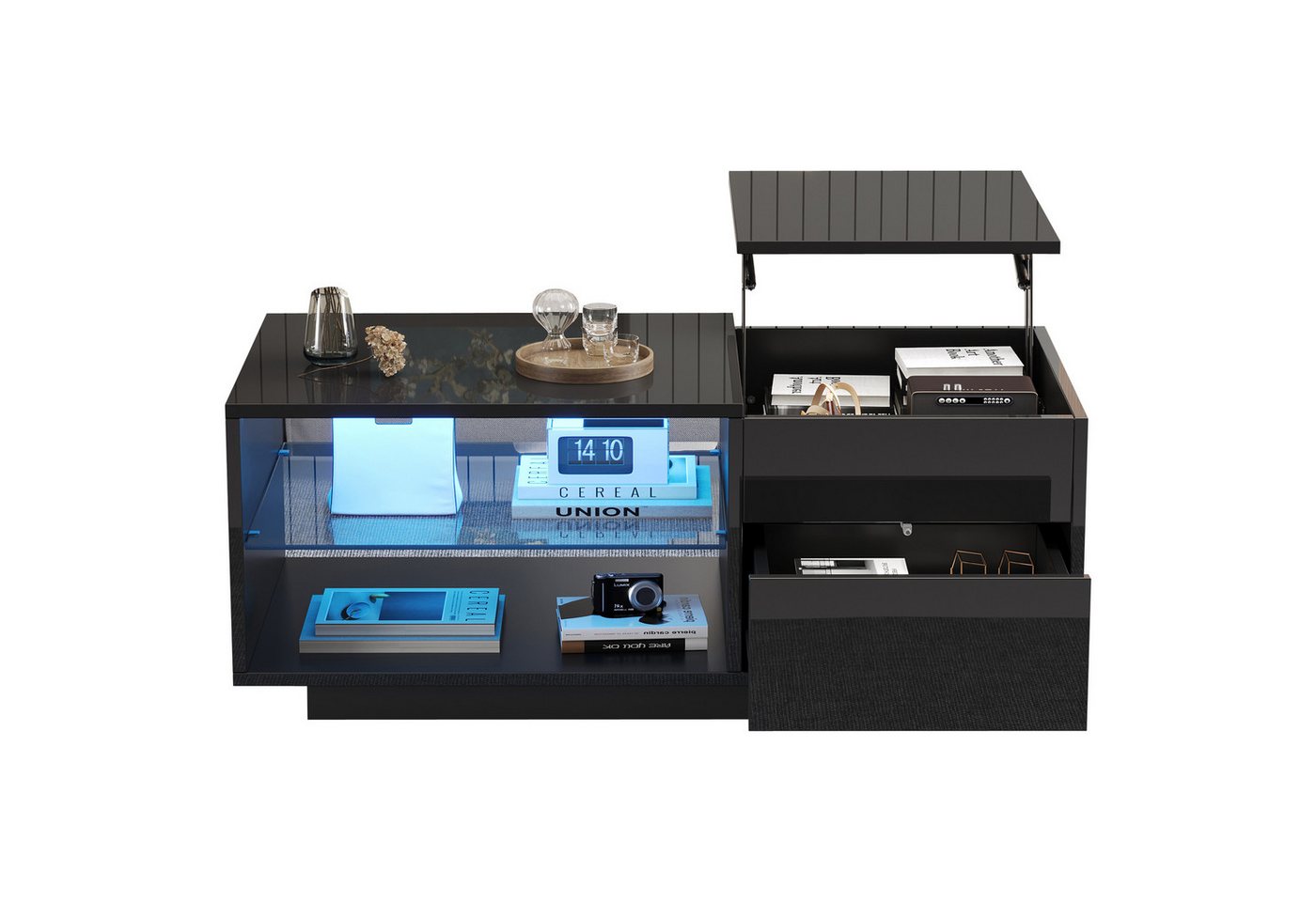 BlingBin Couchtisch Wohnzimmertisch mit LED (1er Set, 1-St., Hochglanz-Couchtisch mit 1 Schublade, 100 x 49 x 40 cm), Sofatisch mit Trennwand aus gehärtetem Glas und verstecktem Stauraum von BlingBin