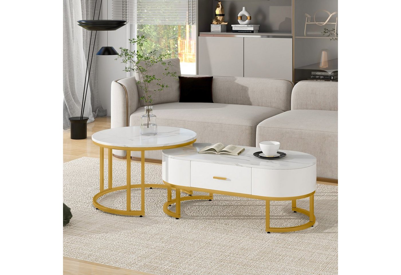 BlingBin Couchtisch Wohnzimmertische, Moderne Satztische (2-St., Verstellbare Beinpolster, Riesiger Stauraum), 2-teilig Tischgestell Metall Gold von BlingBin