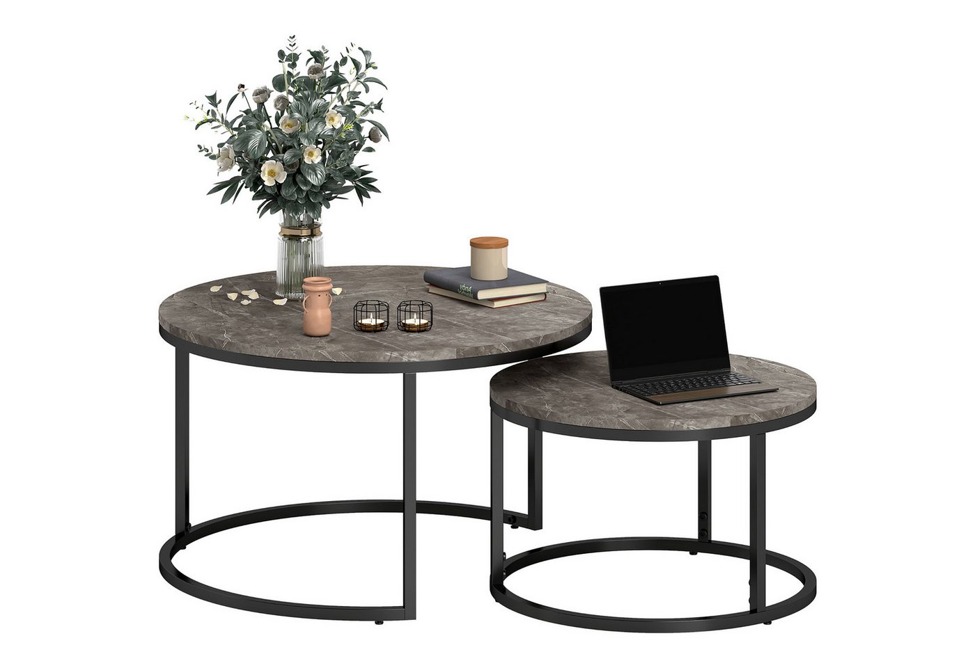 BlingBin Couchtisch rund 2er Set Wohnzimmertisch Beistelltisch mit Metallrahmen (2er set, 2-St., 78,5cm x 78,5cm x 46,5cm), Satztisch mit Marmoroptik Kaffeetisch für Wohnzimmer, Schlafzimmer von BlingBin