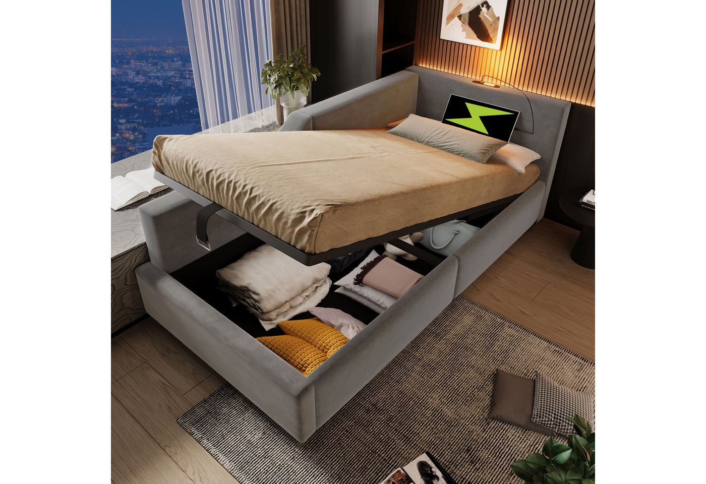 BlingBin Daybett Polsterbett Tagesbett (1 tlg), Leselichtfunktion und USB-C-Ladefunktion, Samt, 90x190cm von BlingBin