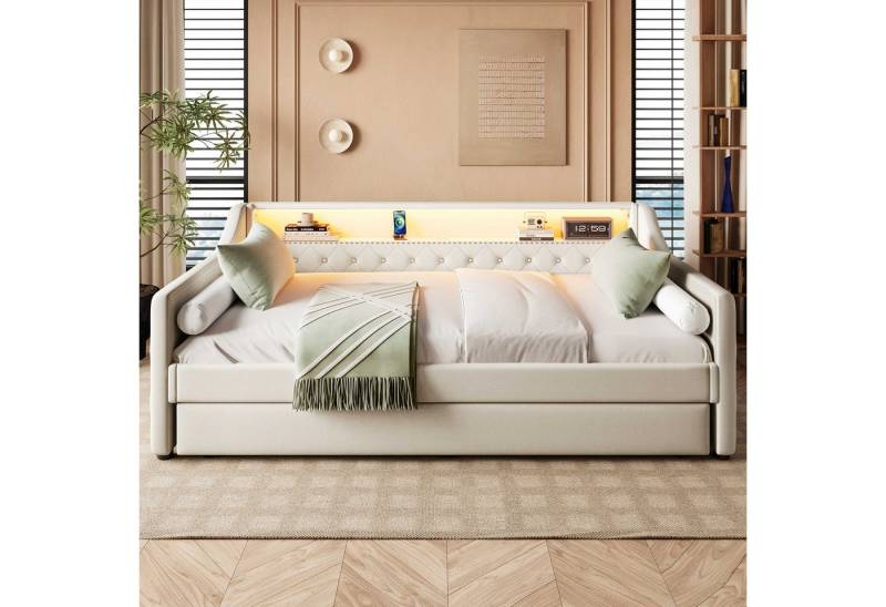 BlingBin Daybett Schlafsofa, Tagesbett mit Lattenrost (modernes Schlafsofa aus Leinen und MDF mit Ausziehfunktion, 90x200 cm, 1 tlg), mit USB-Ladeanschluss und App-gesteuerter LED-Beleuchtung mit Rollbett von BlingBin